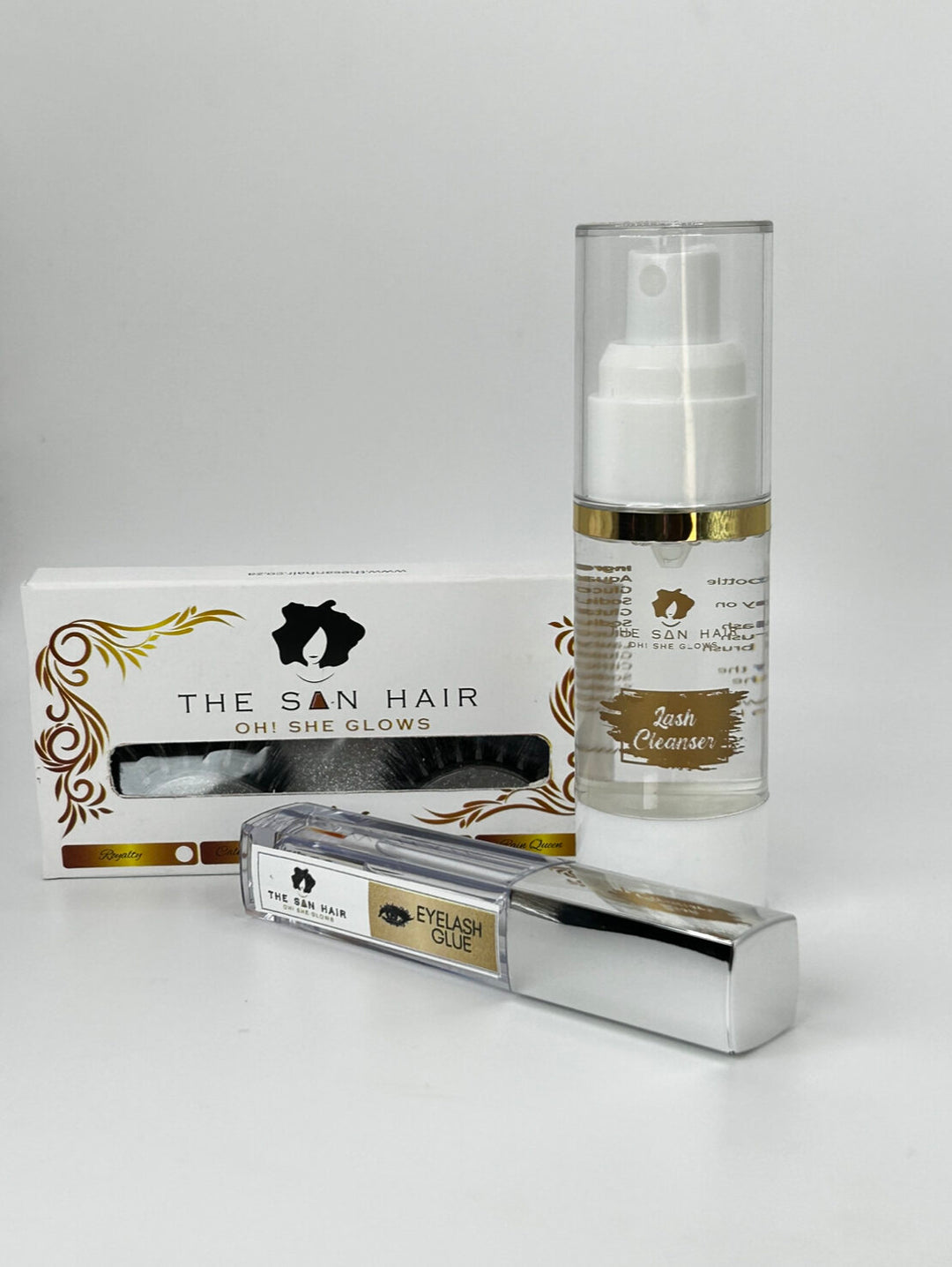 For lashes to appear longer and fuller use The San Hair lash combo with eyelash cleanser, the eyelash glue, and false lashes.