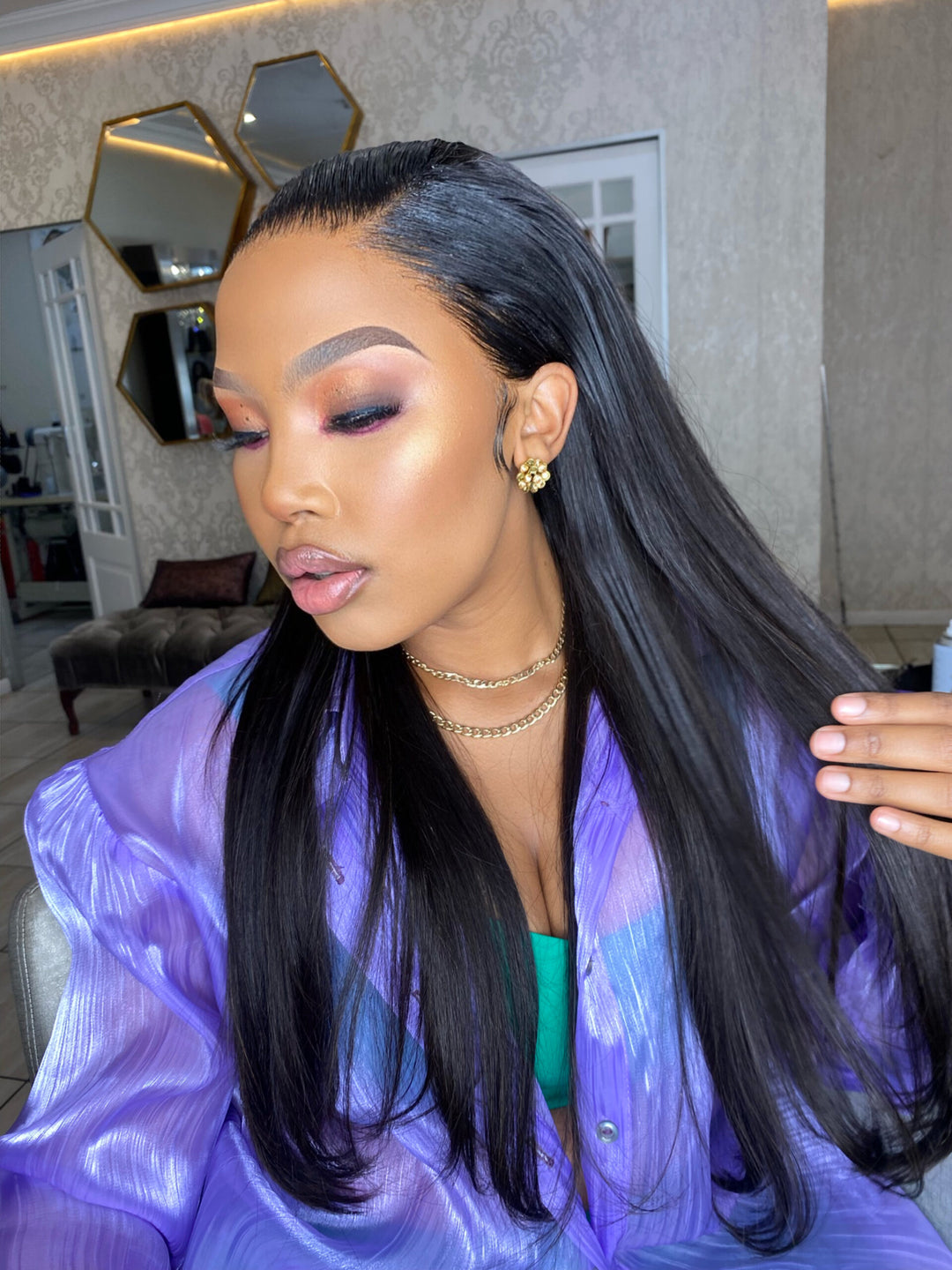 Straight Double Black girl wearing double drawn Peruvian ear-to-ear lace frontal (13x4) HD straight wig. Black straight premium hair