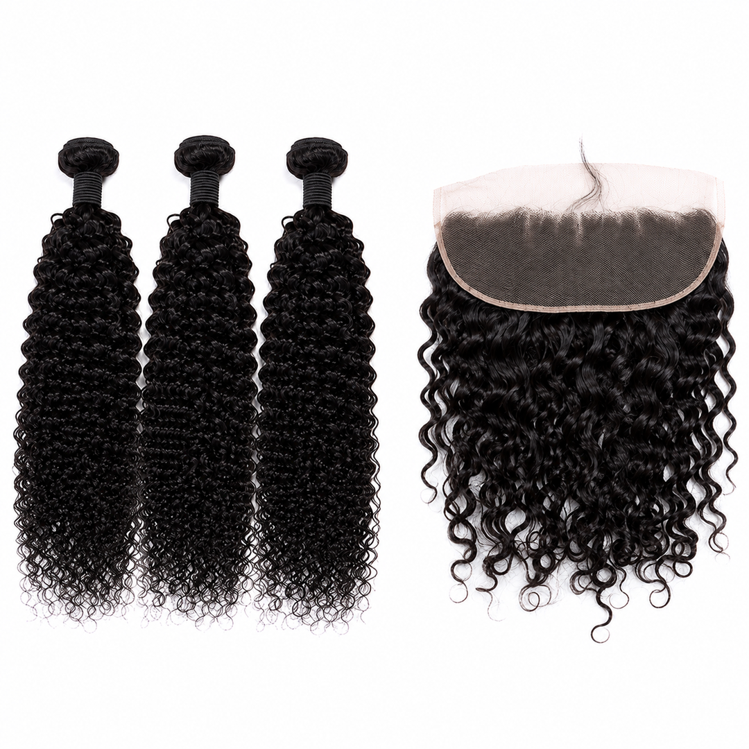 Three bundles of black water wave bundle extensions shown alongside a black water wave hair lace frontal on a plain white background.