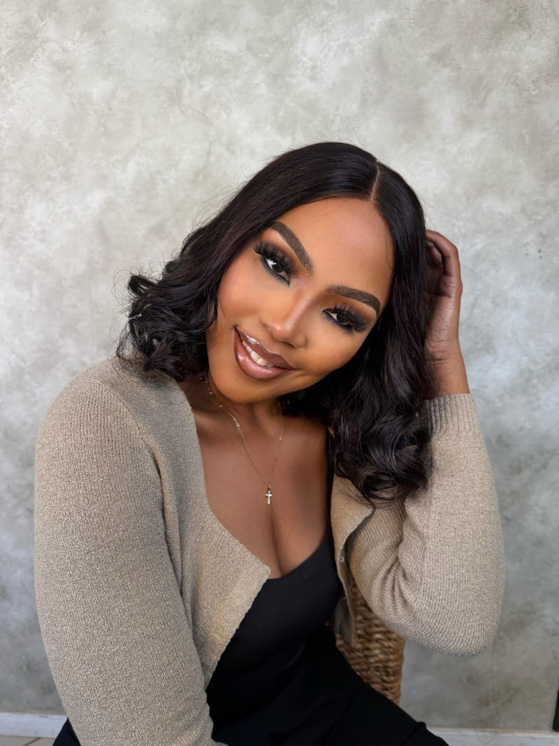 14" Double Drawn Kim K Bouncy Wig- 2x6 HD Lace Closure| Black