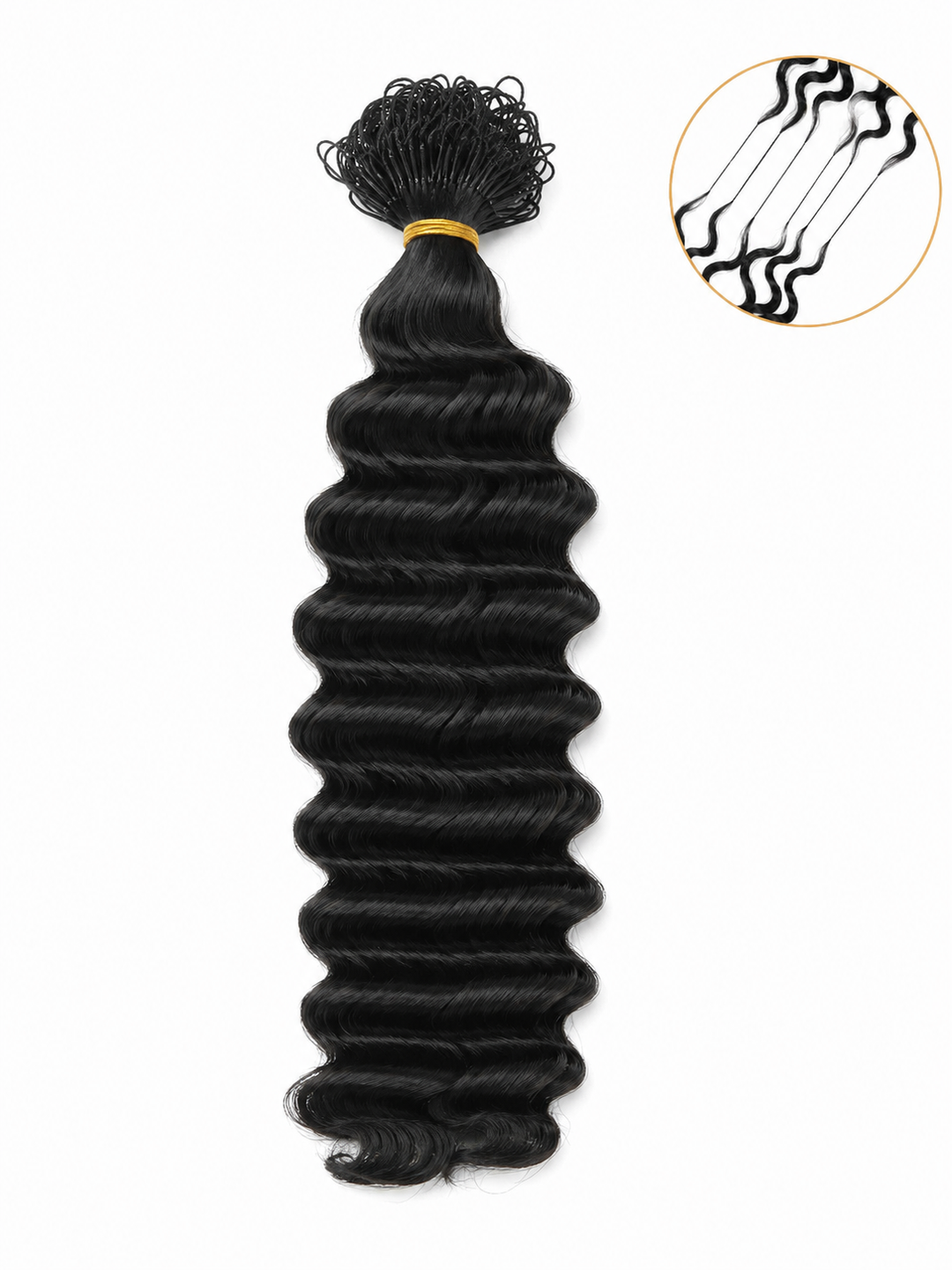 Black body wave crochet bundle with a gold band, shown vertically on a white background with an inset circle showing the individual wave strands.