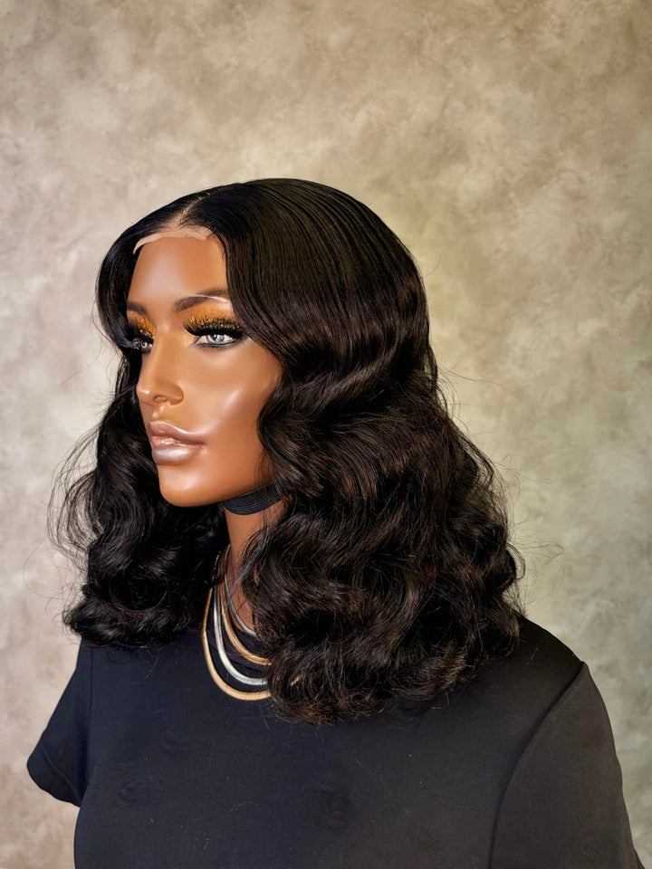 14" Double Drawn Kim K Bouncy Wig- 2x6 HD Lace Closure| Black